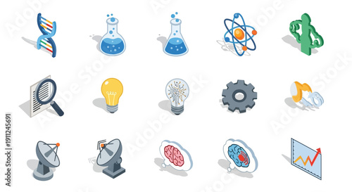 Isometric icons depicting science, technology, and research elements for various applications