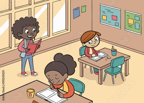 Illustration of a school class with children studying - primary education and learning process in cartoon style
