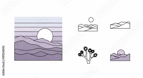 Stylized Minimalist Landscape with Sun/Moon Analysis in Purple Hues