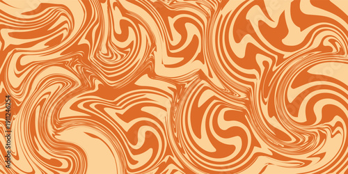 Retro caramel line background. Salted caramel liquid desert texture. Wavy swirl candy pattern for poster, cover, banner, pamphlet. Orange hippie wallpaper in