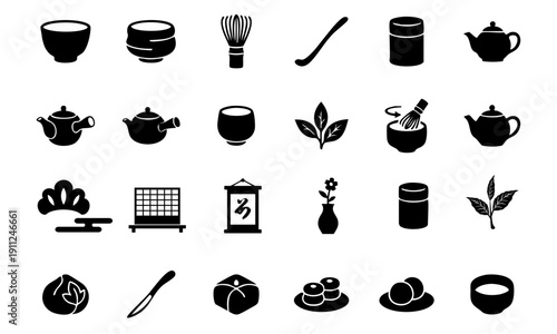 Japanese Tea Ceremony and Wagashi Sweets Icon Set - 24 Pictograms
