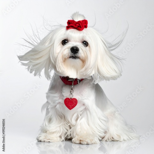 Bichon maltais aux longs poils blancs soyeux, assis, portant une médaille en forme de coeur et un chouchou rouge. Isolé sur fond blanc. Generated Image. 