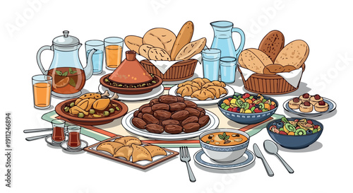 Colorful flat lay of various foods and drinks on a table against a white background.