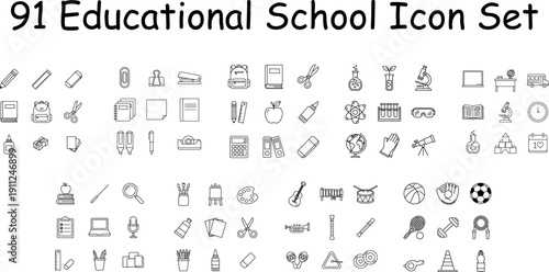 91 outline educational icon set with school supplies, stationery, classroom objects, teacher tools, student items, art, science, music, and sports icons. Suitable for kids worksheets, and learning