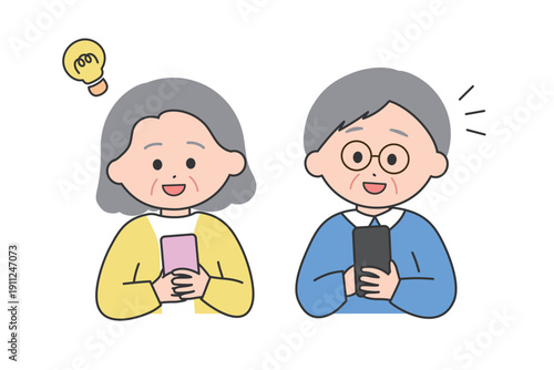 スマートフォンの操作が理解できて笑顔のかわいいシニア男女