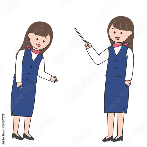 制服姿の女性スタッフのポーズセット｜手のひらで指して案内するポーズと指示棒で解説するポーズ