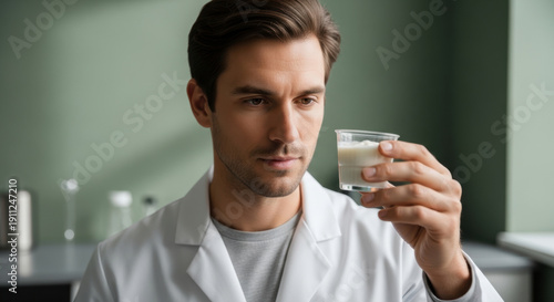 Scientist analyzing glass with white liquid in laboratory with neutral lighting
