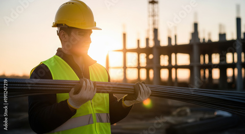 Construction worker holding steel rods at sunset on building site