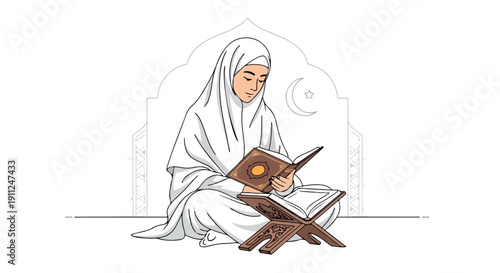 Illustration of a woman wearing a white hijab and robe sitting cross-legged reading a book on a wooden stand with a subtle mosque arch background.