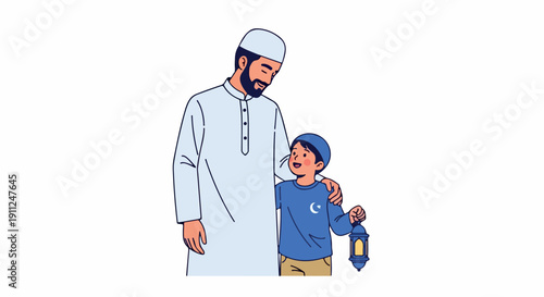 Illustration of a Muslim man and a boy standing together, both wearing traditional clothing, with the boy holding a lantern on a white background.