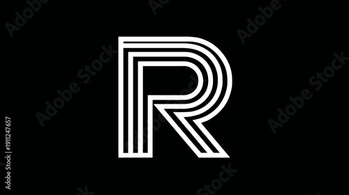 Abstract white capital letter R with parallel stripes on a black background, modern geometric typographic design element or initial.