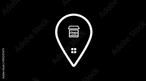 White Home Location Pin Icon with House Symbol on Black Background. Modern Real Estate, Property, Map Navigation, and Address Graphic.