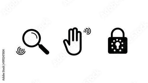 Modern flat design vector icons for wireless technology, network security, digital search, and interactive gesture control.