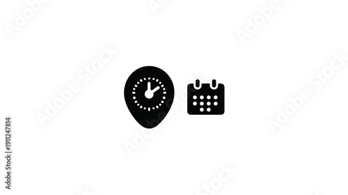Event Scheduling and Time Management Vector Icons: Location Pin with Clock and Calendar Symbol