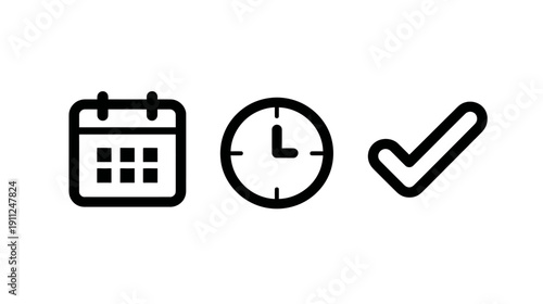 Time and Task Management Icons Set: Calendar, Clock, and Checkmark Symbols for Scheduling, Planning, and Completion