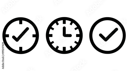 Time management icons, clock with checkmark, time and schedule symbols. Concept of process completion, deadlines, and verification.