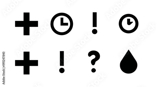 Set of minimalist black and white UI icons including plus sign, clock, exclamation mark, question mark, and water drop symbols