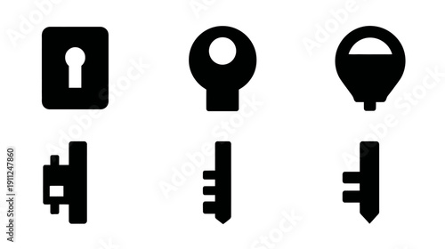 Black Key and Lock Icons Set. Flat vector symbols for security, access, privacy, and unlock concepts.