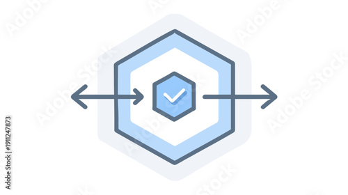 Data flow integration icon with validation checkmark, system process management and secure information exchange concept