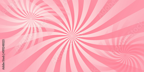 Candy color sunburst background. Abstract pink cream sunbeams design wallpaper. Colorful spinning lines for template, banner, poster, flyer. Sweet rotating cartoon swirl or whirlpool. Vector backdrop