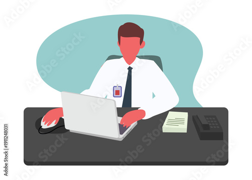 Male employee typing on the laptop. Simple flat illustration