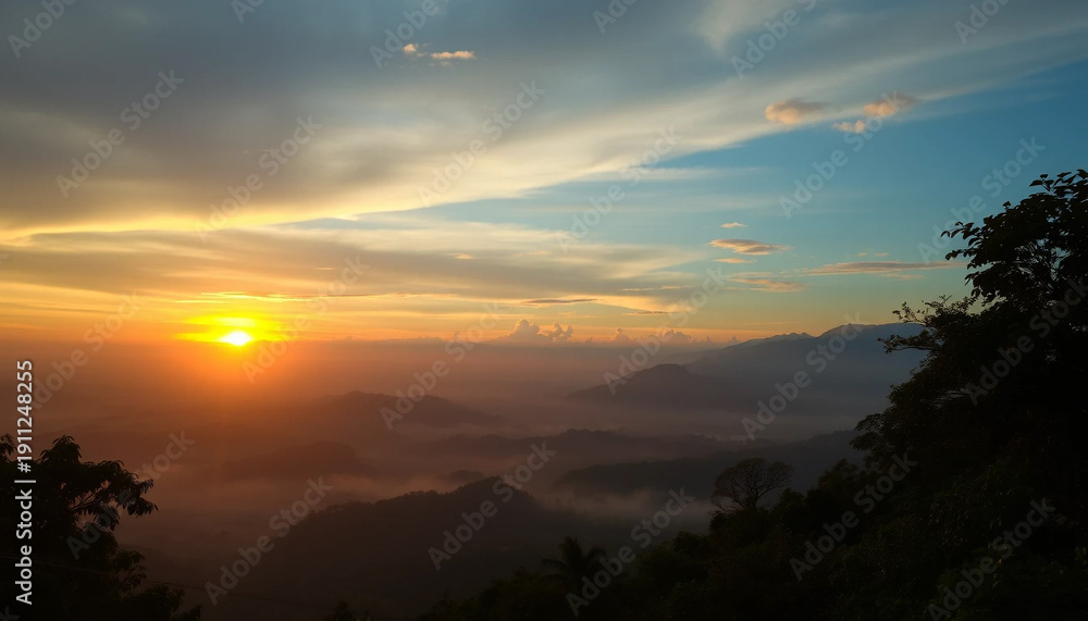 Naklejka premium Majestic sunset horizon glowing softly above jungle