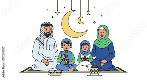 Illustration of a Muslim family praying together on a rug with traditional lanterns and a crescent moon on a white background.