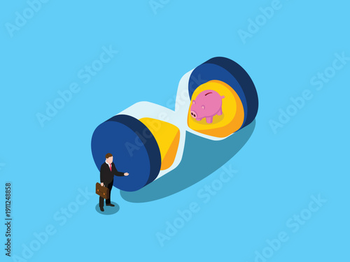 Business Concept of Time is Money: Businessman with Hourglass and Piggy Bank representing Investment, Savings, and Financial Planning 3d isometric vector illustration