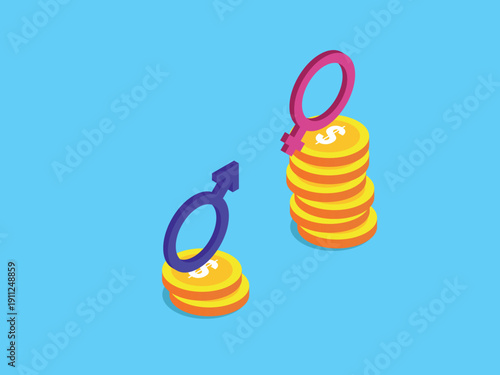 Gender Pay Gap Concept: Male and Female Gender Symbols on Unequal Stacks of Gold Coins Representing Wage Inequality and Financial Disparity 3d isometric vector illustration