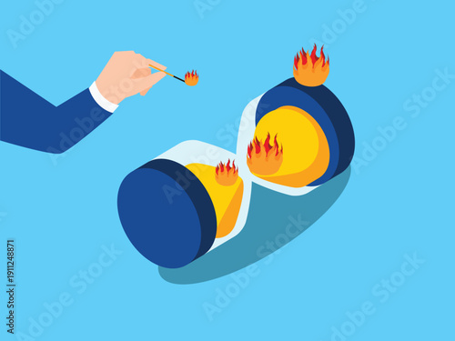 Hand Lighting Fire to Hourglass Symbolizing Business Deadline and Urgency 3d isometric vector illustration