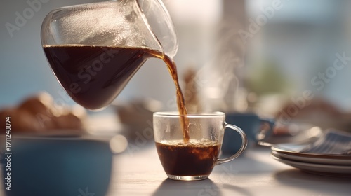Warm morning light illuminates steaming dark coffee being poured from a glass carafe into a clear mug, soft focus background with breakfast pastries and a table setting.