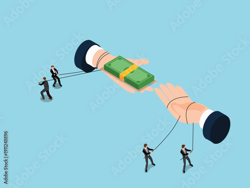 Businessmen Controlling Large Hands with Strings During Money Exchange Transaction 3d isometric vector illustration
