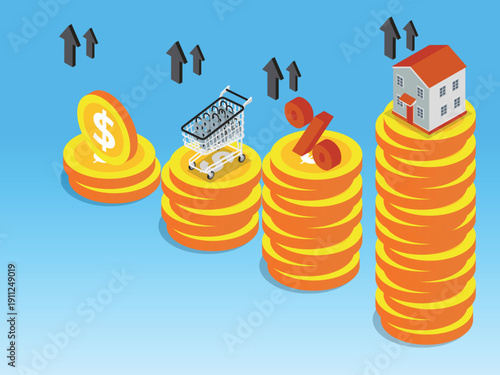 Rising Inflation and Cost of Living Concept with Stacks of Gold Coins, Grocery Cart, Interest Rates, and Real Estate Icons on Blue Background 3d isometric vector illustration