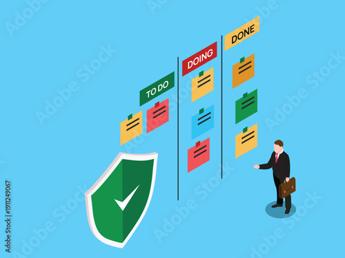 Project Management and Task Organization Concept with Kanban Board, To Do Doing Done Columns, and Green Protection Shield 3d isometric vector illustration