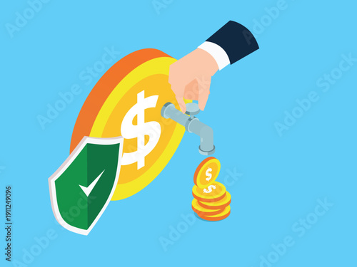 Financial Security and Passive Income : Hand Turning a Tap on a Large Gold Coin with a Protective Shield 3d isometric vector illustration