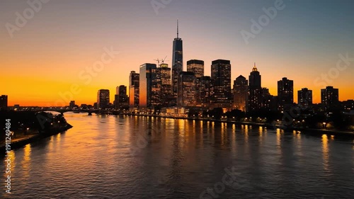 New York City skyline at sunset with One World Trade Center and river urban.