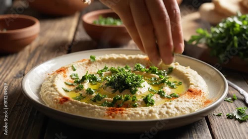 Wallpaper Mural Hand garnishing creamy hummus with fresh parsley and olive oil. Torontodigital.ca