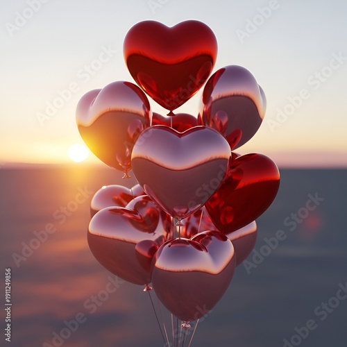 Wallpaper Mural Heart-shaped balloons floating over water at sunset, symbolizing love and celebration. Torontodigital.ca