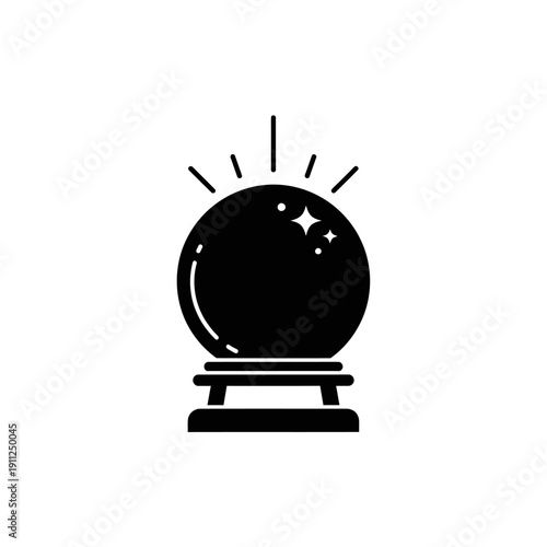 Black and white icon of a crystal ball on a stand with radiating lines, symbolizing fortune-telling, future prediction, and mystical insight on an isolated white background.