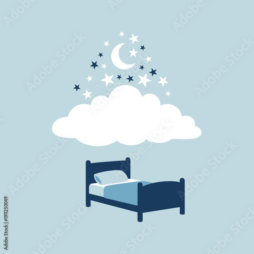 Cozy Bed under a Starry Night Sky with Moon and Clouds for Good Sleep