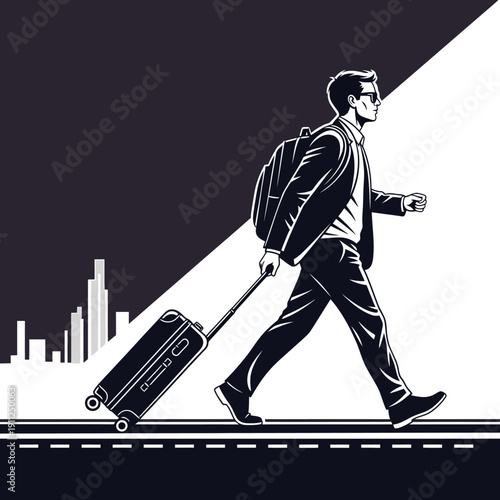 Stylish man with backpack pulling a suitcase, walking on a city street with urban silhouettes, symbolizing travel, business journeys, and commuting in a dark studio.