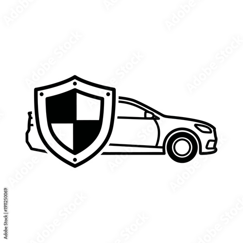 Black and white icon of a car protected by a shield, symbolizing car insurance, vehicle safety, and automotive protection on an isolated white background.