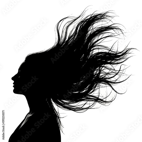 Dynamic silhouette of a woman with long, flowing hair blowing, symbolizing freedom, beauty, and energy on an isolated white background.