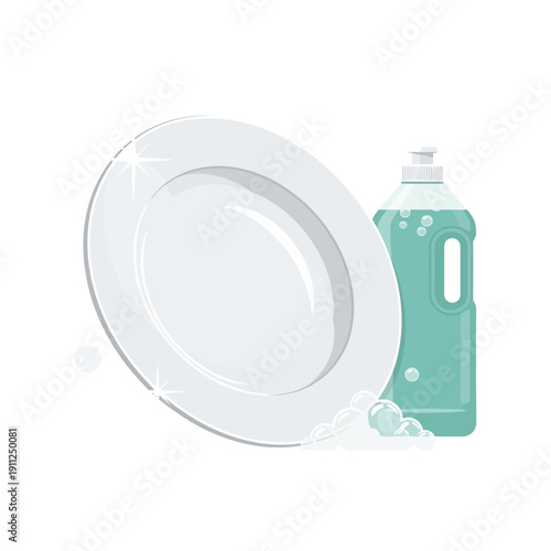 White ceramic plate and blue dish soap bottle with bubbles, symbolizing cleanliness and hygiene on an isolated white background.