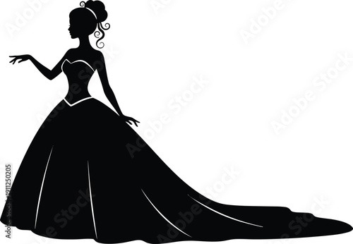 Beautiful bride silhouette wearing elegant wedding dress with long train, princess gown illustration, luxury bridal fashion, glamorous woman, formal gown, vector art.