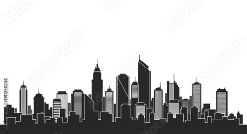 Modern city skyline silhouette vector illustration. Urban landscape with skyscrapers and tall buildings on white background.