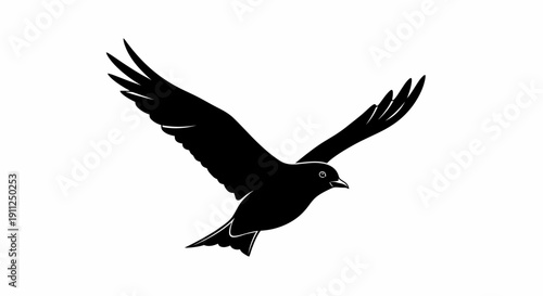 Black flying bird silhouette graphic. Elegant avian creature in flight, wings spread, isolated on white. Freedom, nature, and wild animal symbol.