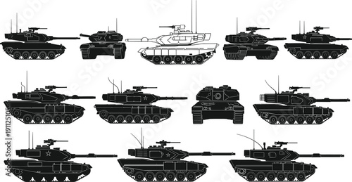 Military tank silhouettes set, armored battle vehicles and heavy panther tanks for warfare design, army combat machinery isolated vector icons