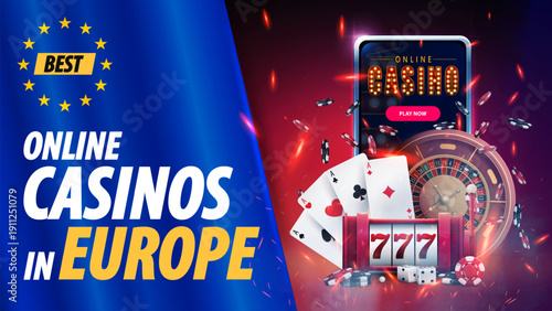 Best online casinos in Europe, banner with a flag of Europe, smartphone, slot machine, Roulette, chips and playing cards