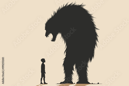 Boy terrified by giant snarling monster shadow, fear of unknown huge trauma insecurity silhouette